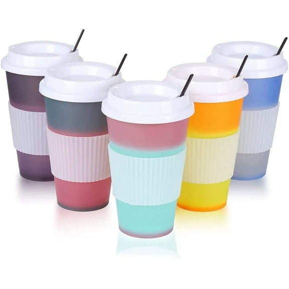 Hot Color Changing Cups Reusable with Lids and Silicone Grip (5 Colors, 16 Oz) Casewin Plastic Tumblers for Coffee, Tea, and Hot Beverages