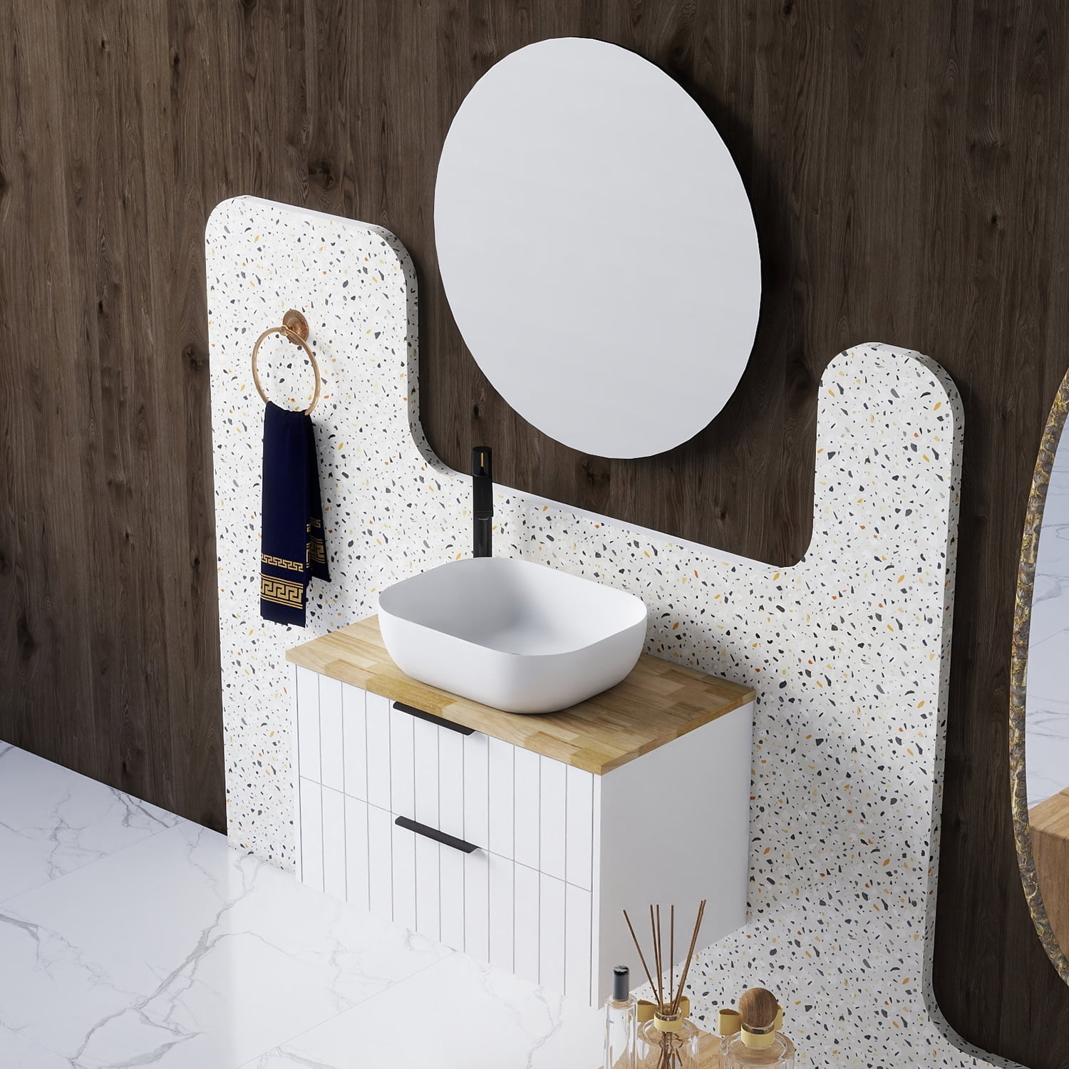 Demi Bonn 31" Double Drawer Wall-Mounted Bathroom Vanity with Solid Wood Natural Top, Square Art Ceramic Sink and Round Mirror, Faucets and Drains Not Included, White