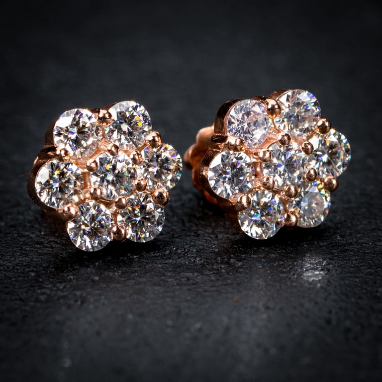 Pink Rose Gold Plated 925 Sterling Silver Circle Earrings - Iced CZ Flower Cluster, Screw Back, 10mm