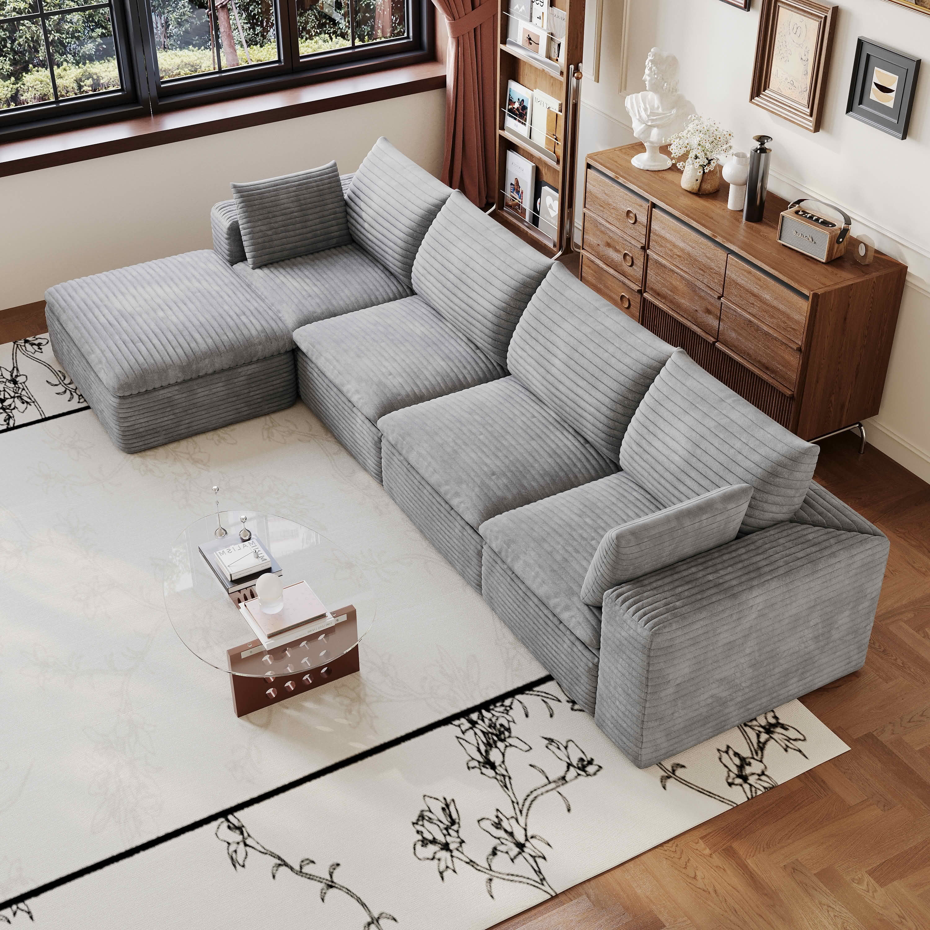 MAYEERTY 134 Inch Corduroy Cloud Floor Sofa, Modular Couch with Detachable Double-Layer Cushion, No Assembly Furniture for Home & Office
