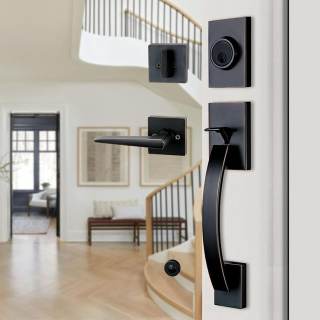 Front Double Door Traditional Style Keyed Entry Door Handleset with Lever Handle in Matte (Keyed and Dummy Set) MDHSTDBSETBR