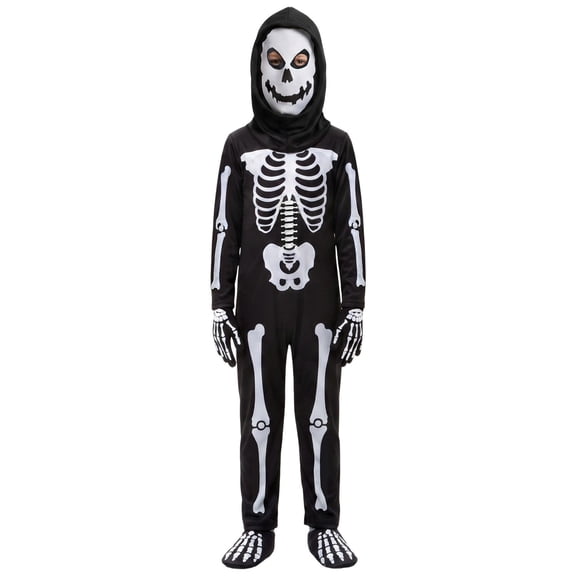 REDARER Kids Skeleton Cosplay Full‑Body Jumpsuit with Hood Mask Gloves and Foot Covers for Halloween Fancy Dress Role Play Themed Party Outfit,7-8 Years