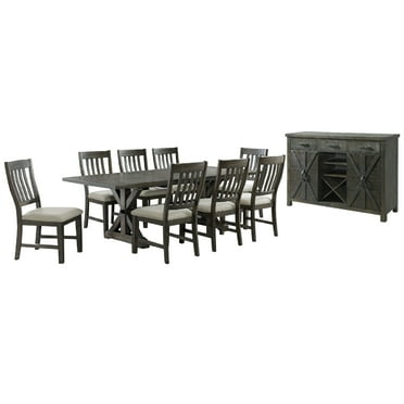 Trestle 10Pc 96" Rectangle Extendable Dining Table Set /Wine Server in Gray Wood