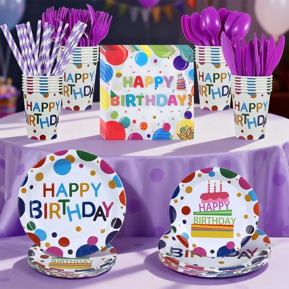 140pcs Purple Birthday Party Supplies Decorations Serve 20, Paper Plates and Napkins Set, Disposable Party Decorations, Plastic Forks Knives Spoons, Paper Plates Napkins Cups Baby Shower Birthday