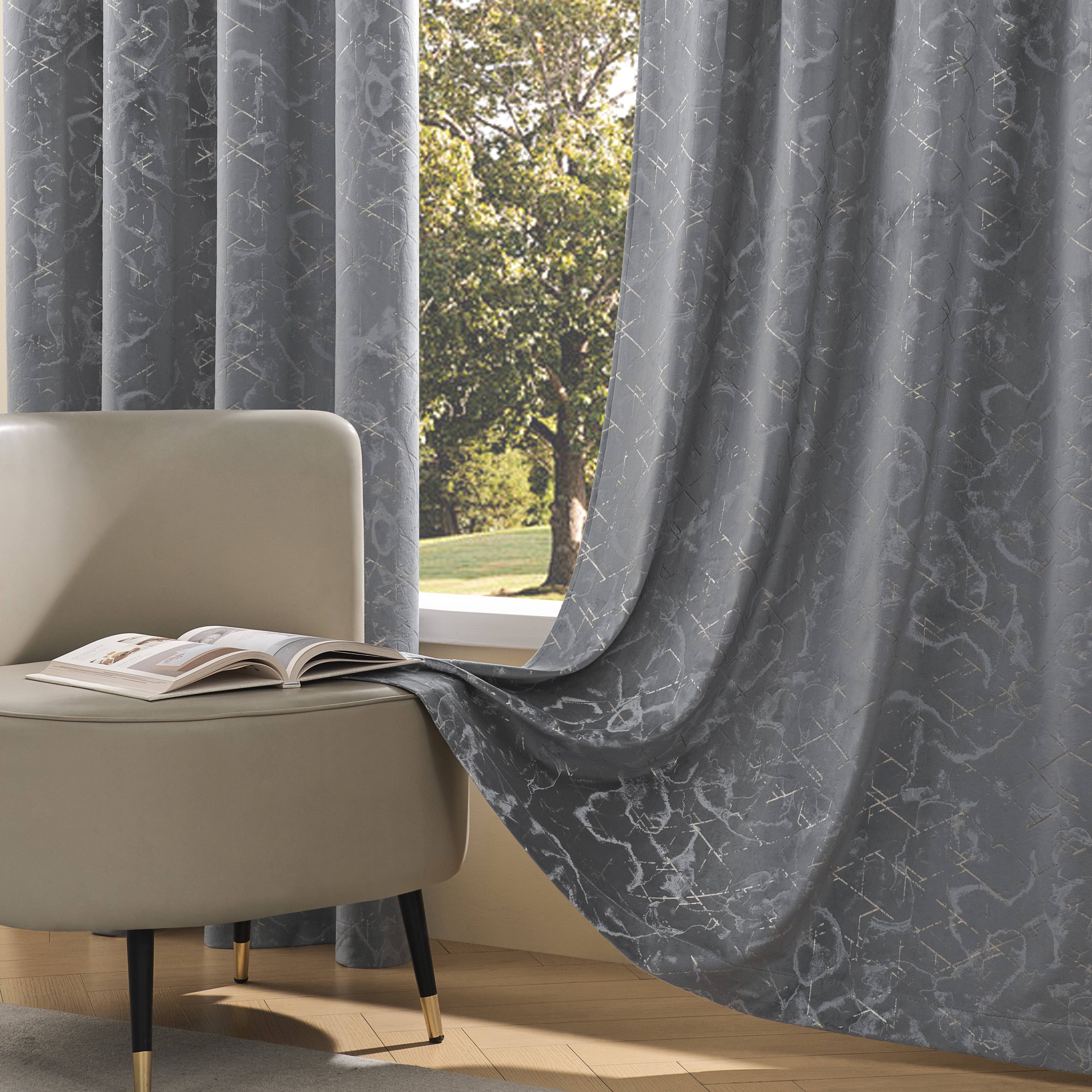 Mumo Luxury Gray Velvet Curtains with Gold Foil Print Shiny Geometric Line Pattern,Grommet Blackout Curtains for Living Room Bedroom,2 Panels,52"×63"