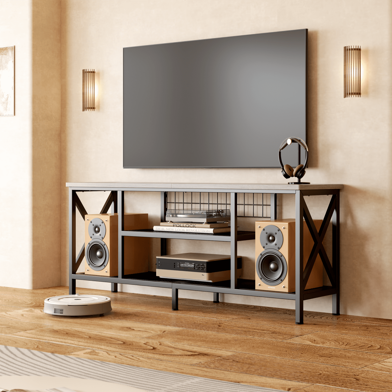 TV Stand for 55-65 Inch TVs, Lofka 3-Tier TV Console, with Open Shelves, Metal Frame, for Living Room, Bedroom, Office, Grey
