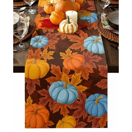 

Table Runner 36 Inches Long Fall Thanksgiving Orange Yellow Blue Pumpkin Maple Leaves Cotton Linen Table Runners Non-Slip Durable Dresser Scarves for Table Party Dinner Holiday Home Decor 1 Pack