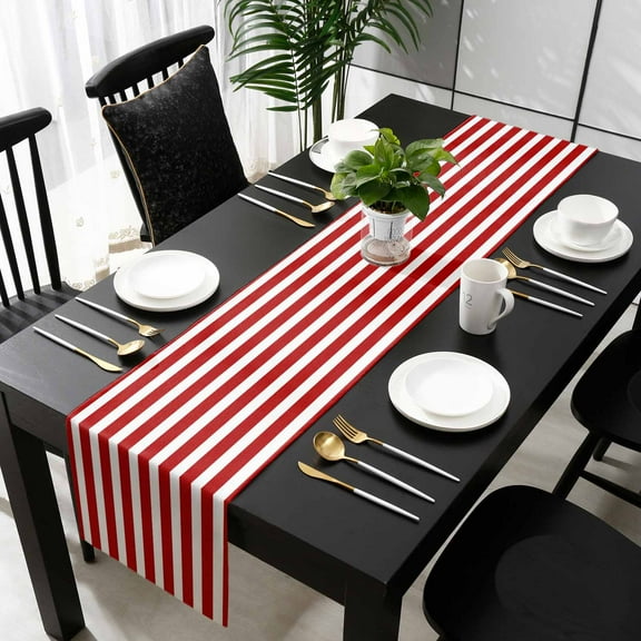 Red Striped Cotton Linen Small Table Runner 13 x 60 inch Christmas Farmhouse Red White Stripes Non-slip Rectangular Dining Table Decor for Wedding Party Holiday Dinner