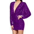 thumbnail image 5 of Cavosen Wrap Dresses for Women Long Sleeve Purple Sequin Elegant Short Dress Party Dress Deep V-Neck Glitter Sparkly Mini Dress Bodycon Wrap Wedding Guest Dress Evening Prom, 5 of 6