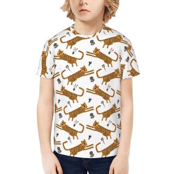 Fuzoiu Leopard Print Print Boys' Casual T-Shirt,Crewneck Undershirts,Boys Athletic Shirt,Short Sleeve T-Shirts for Outdoor Play