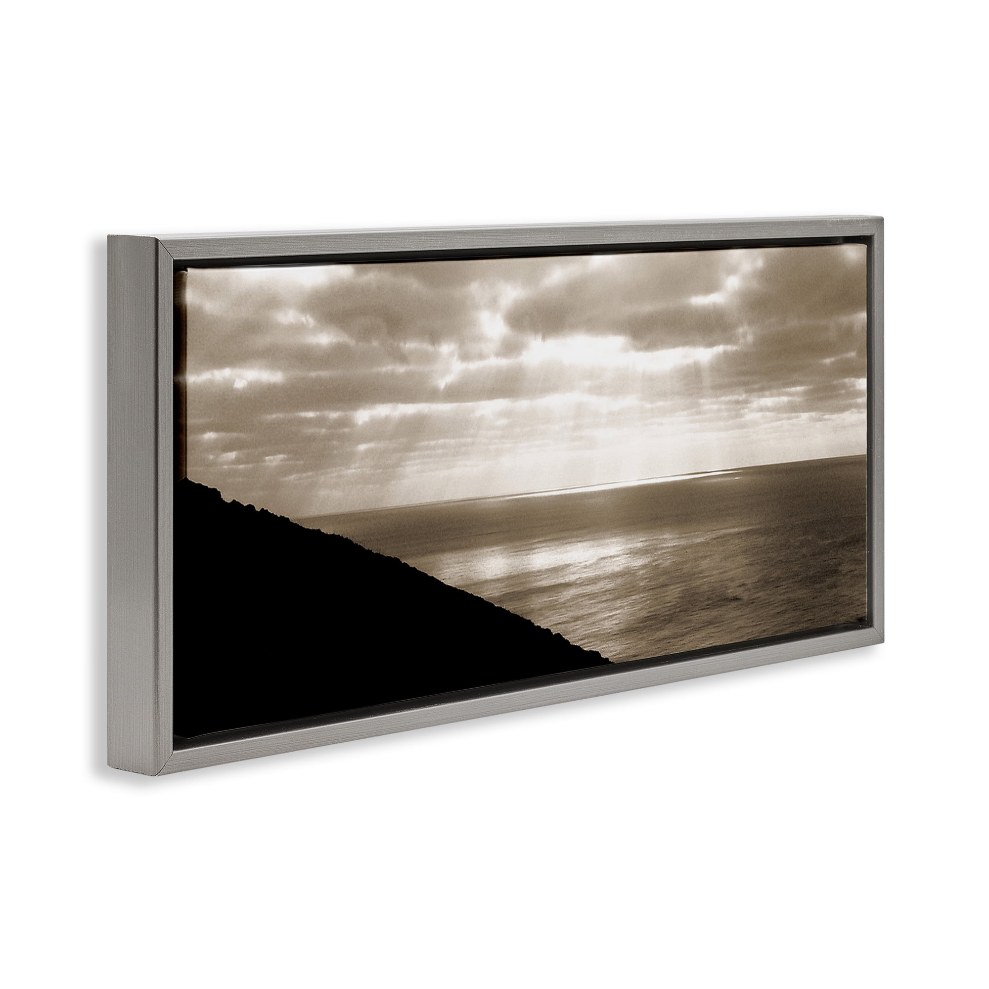 Stupell Industries Sepia Rays on Beach Landscape & Nature Photography Gray Floater Framed Canvas Art Print Wall Art, 31 x 14