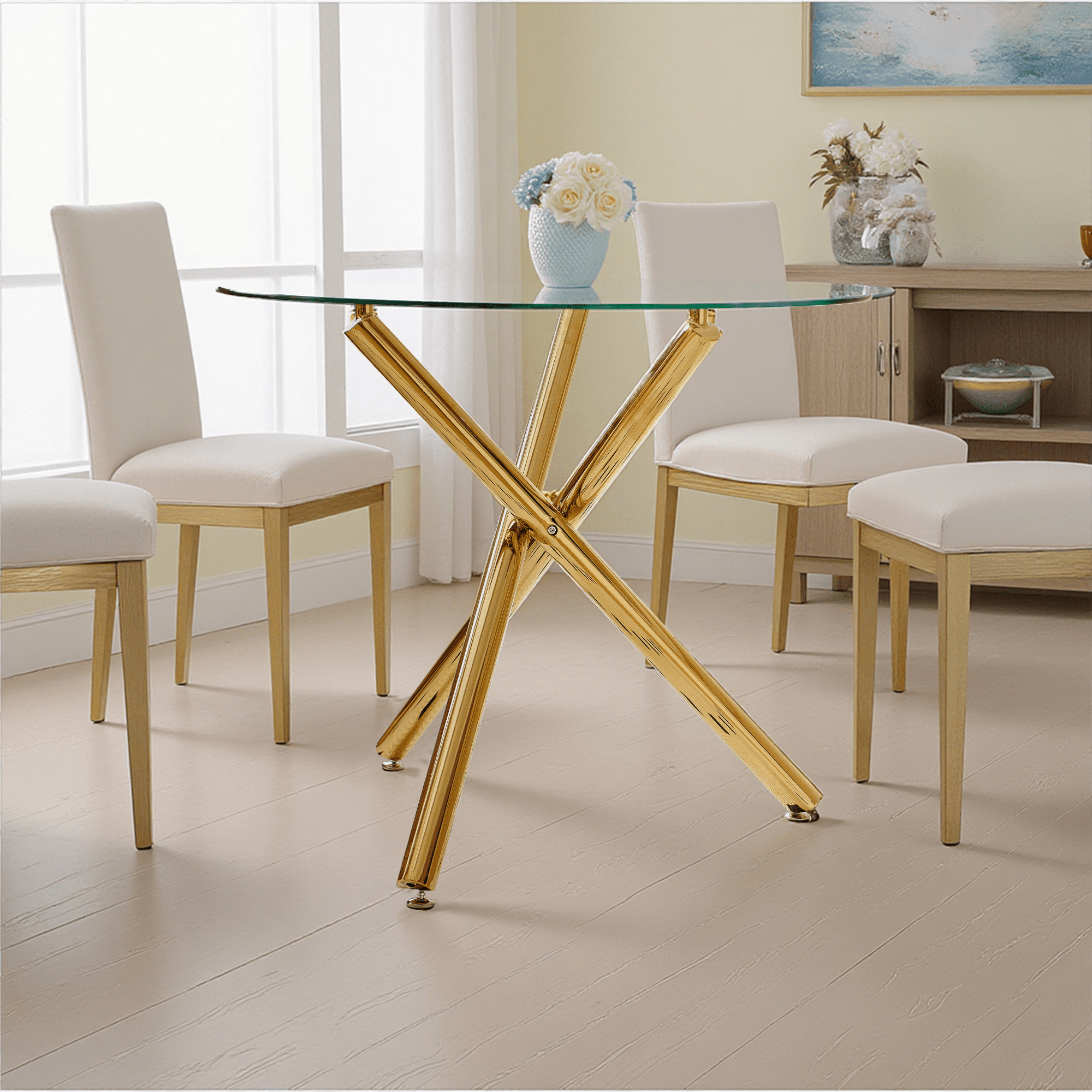MAYEERTY Modern Golden Dining Table Cross Legs Glass Top Luxurious Living Room