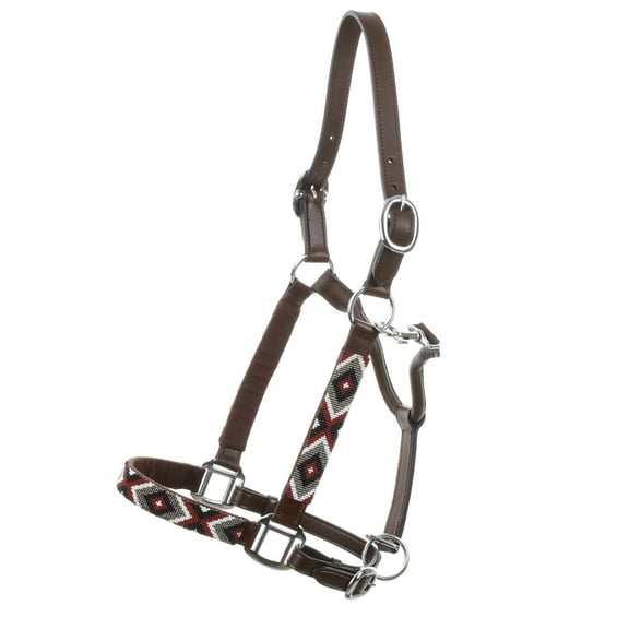 Leather Halter w/ Burgundy, Black & Silver Aztec Beaded Overlay