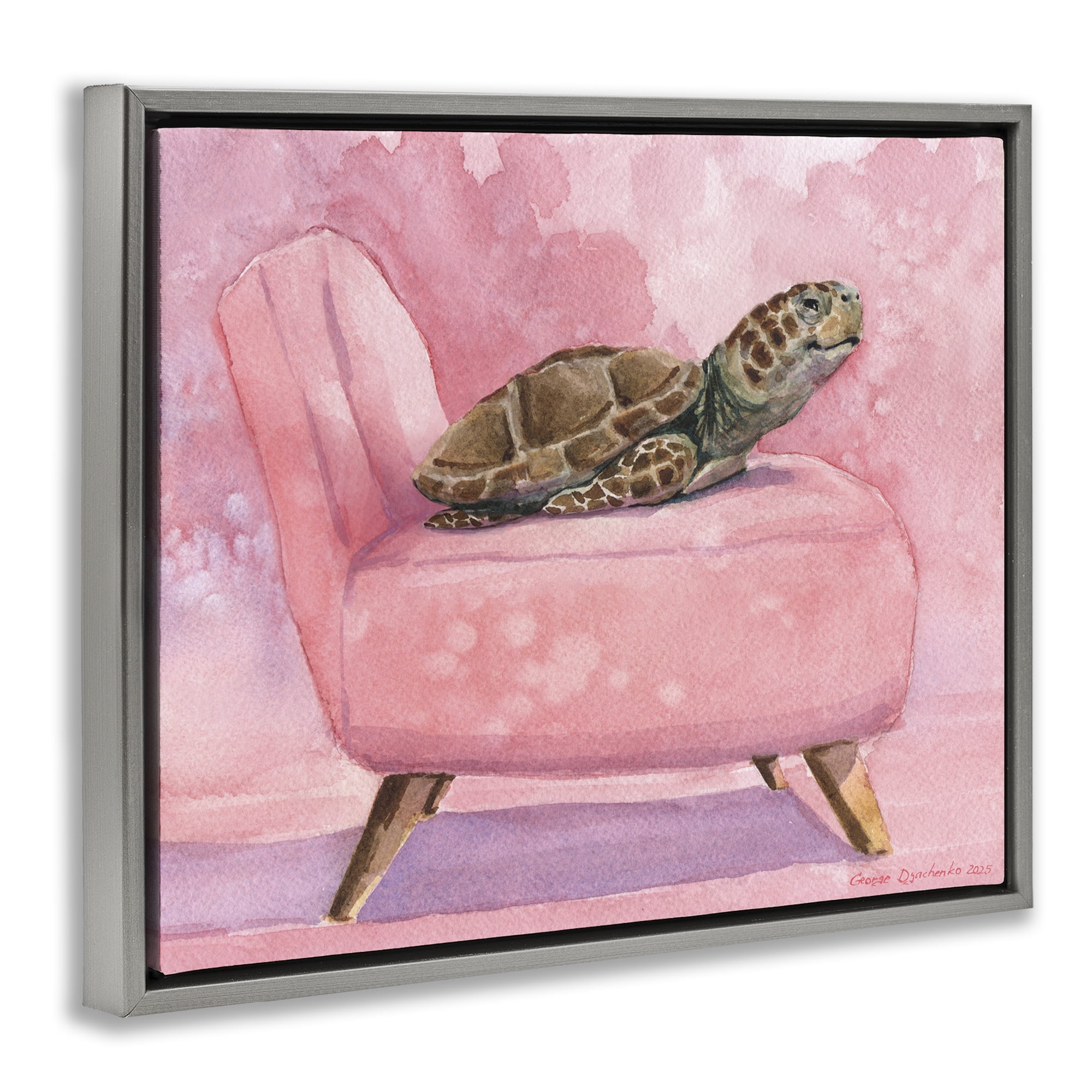 Stupell Industries Happy Turtle on Pink Chair Gray Framed Floater Canvas Wall Art, design by George Dyachenko