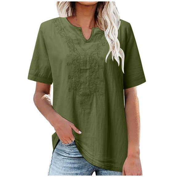 Mittory Women's Embroidered Blouse Cotton Linen Short Sleeve Peasant Boho Tunic Tops Casual Notch V Neck Loose Fit T-Shirt