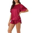 thumbnail image 4 of INSPIRE CHIC Women's Satin Pajama Set Spring Summer Short Sleeve Pullover T-shirt with Shorts Sleepwear XS Burgundy, 4 of 6