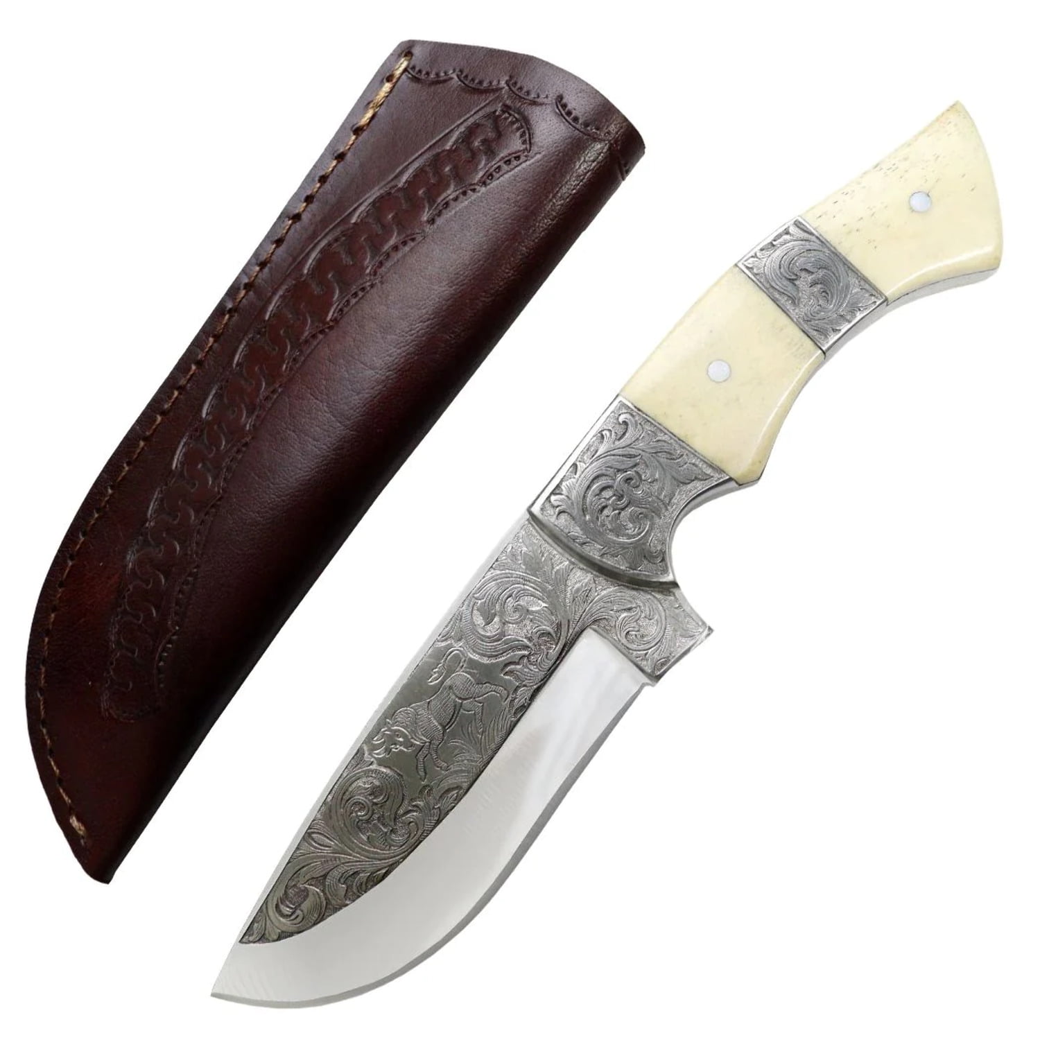 TheBoneEdge 10" Engraved Blade Horn Handle Custom Hand Made Tracker Hunting knife With Sheath