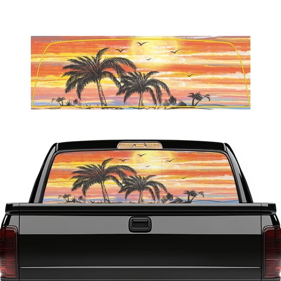 Pzuqiu Sunset Palm Tree Pattern Rear Window Stickers 66.9" x 22.4" for Trucks, Vinyl Truck Decals for Trucks, Full Coverage Rear Window Graphic Decoration