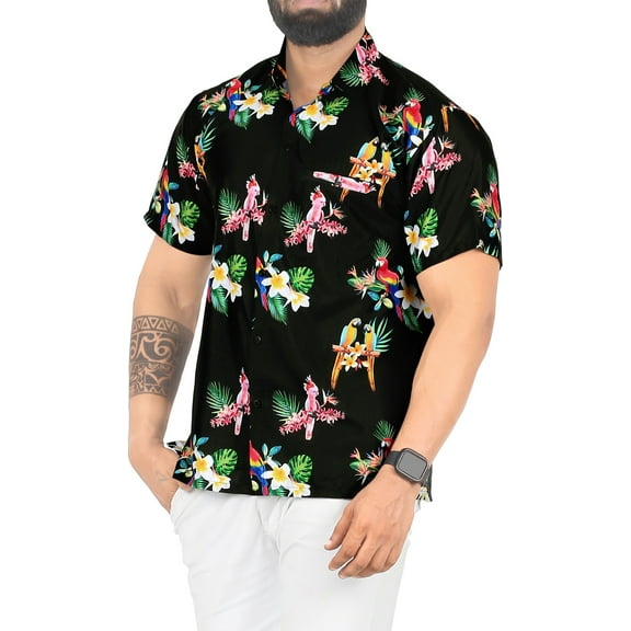 LA LEELA Men's Hawaiian Shirts Short Sleeve Button Down Shirt Men's Casual Shirts Holiday Tropical Beach Summer Party Shirts for Men Funny M Cockatoo Parrot, Black