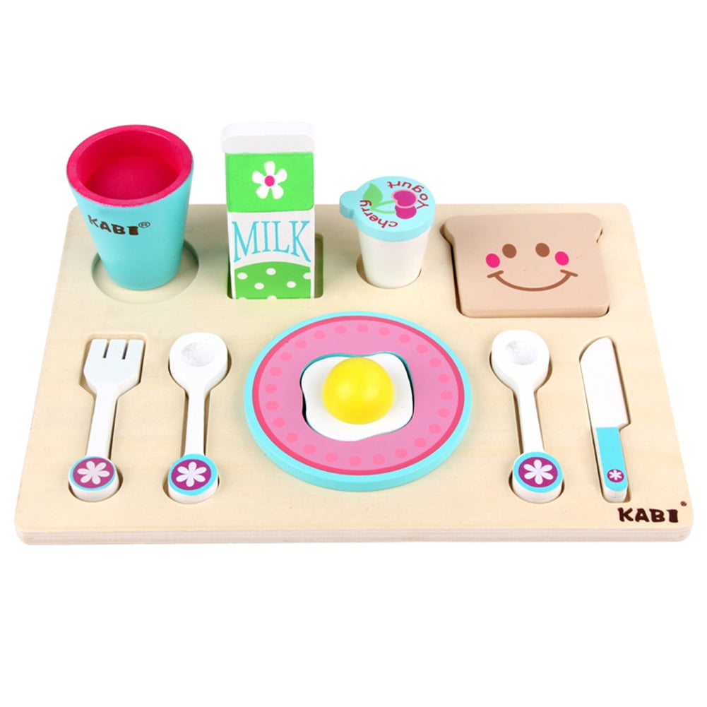 Kids Breakfast Play Food Set Wooden Knives and Forks Bread Milk Toys Kitchen Pretend Play Toy