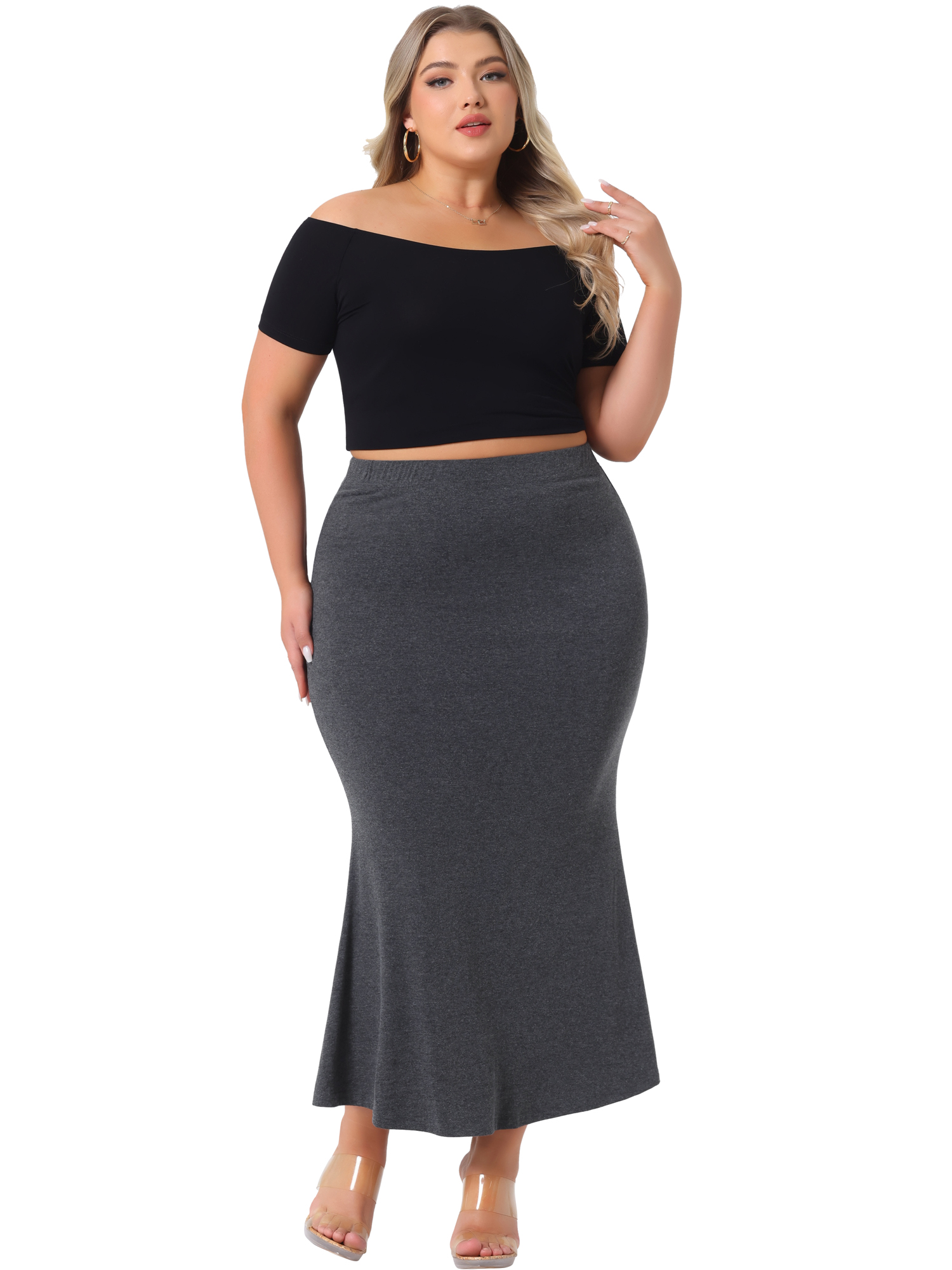 DARING DIVA Women's Plus Mermaid High Waist Knit Bodycon Long Skirts 1X Gray