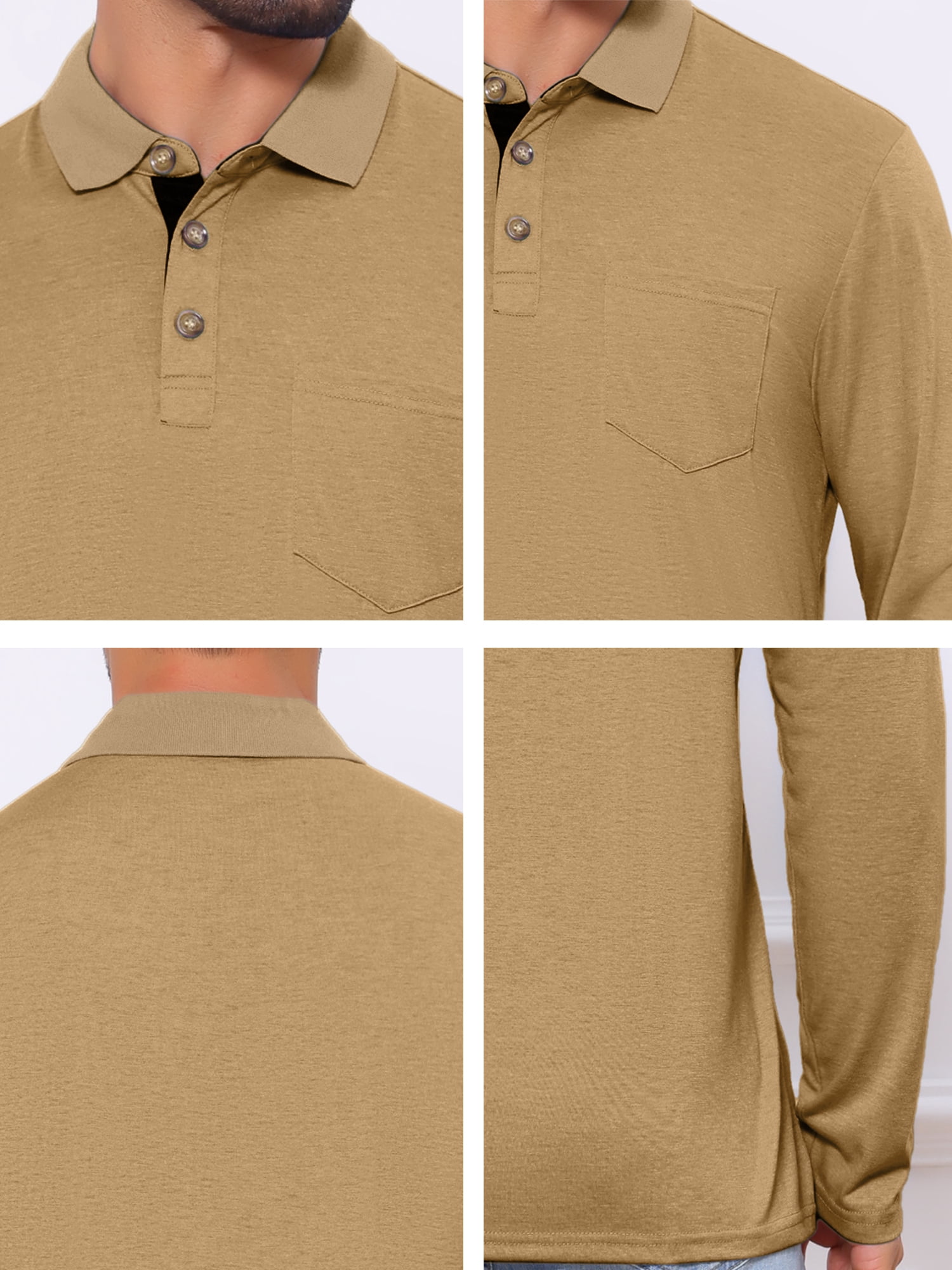 DARING DIVA Men's Contrast Button Collared Long Sleeves Golf Polo T-Shirts M Khaki