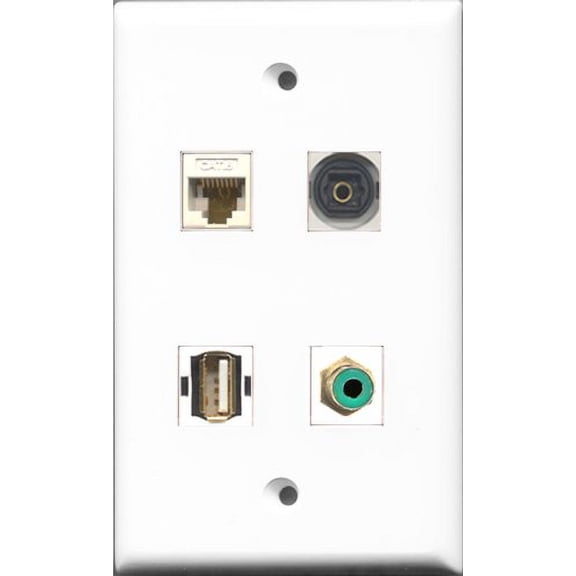 RiteAV 1 Port RCA Green and 1 Port USB A-A and 1 Port Toslink and 1 Port Cat6 Ethernet White Wall Plate
