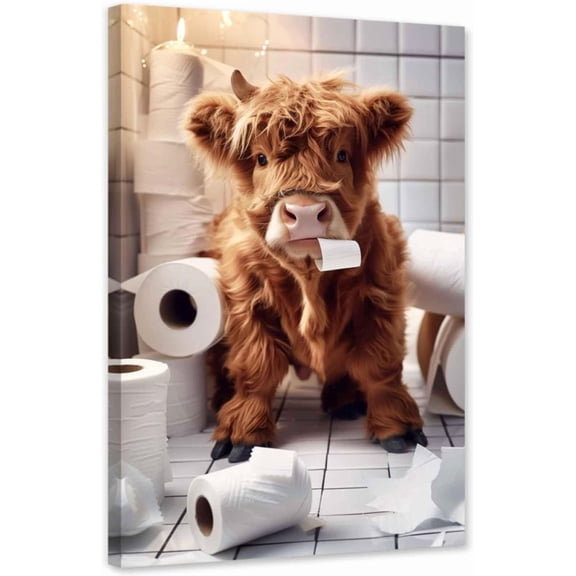 ZHONGYUTONG Highland Cow Wall Art Bathroom Funny Canvas Prints Baby Cow Pictures Cute Brown Animal Painting for Toilet Decor Framed (12.00" x 18.00")