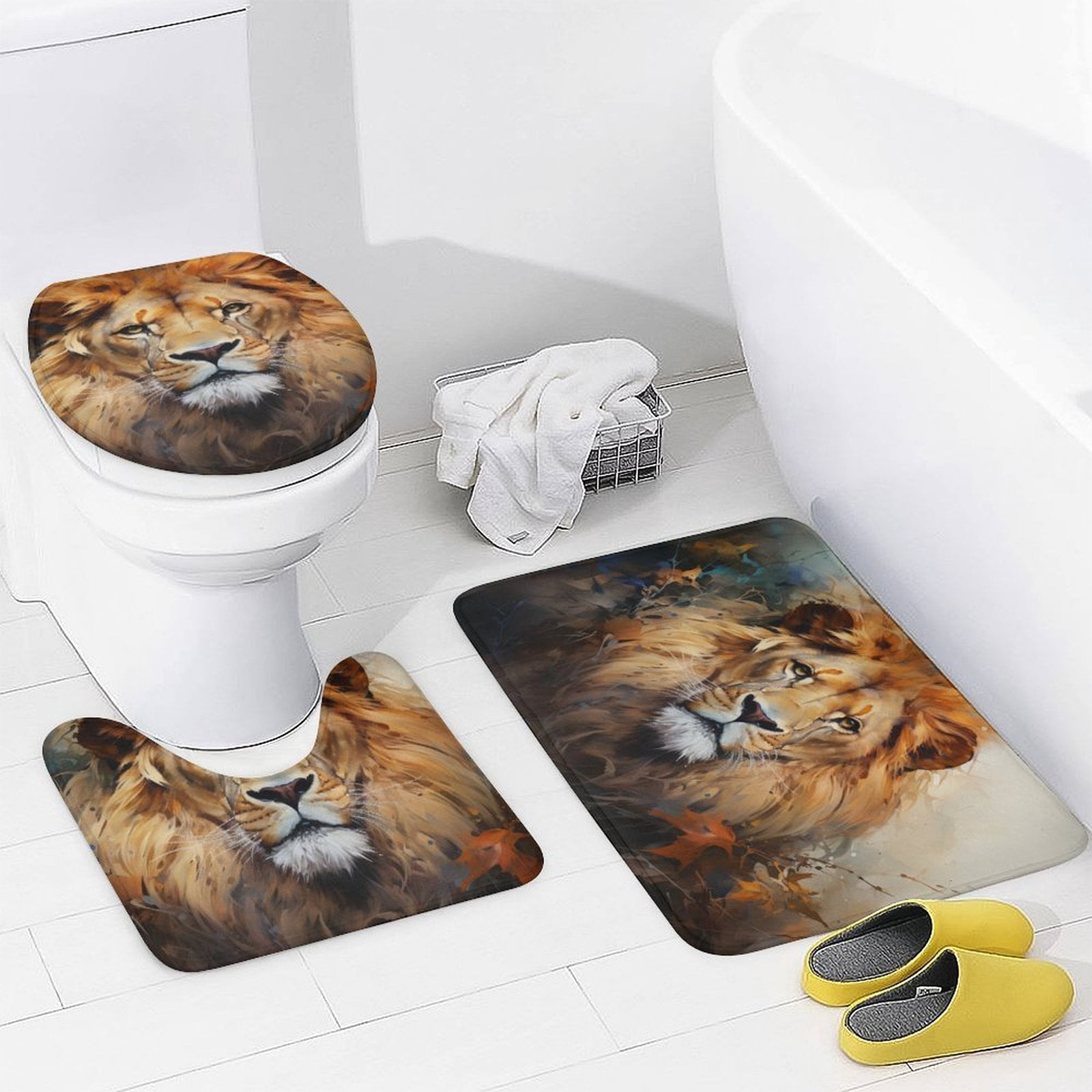 4 Piece Shower Curtain Sets Bathroom Sets with Shower Curtain And Rugs 4 Piece Artistic Lion Face Waterproof Shower Curtain Forest King Face Wild Animal for Bathroom Decor