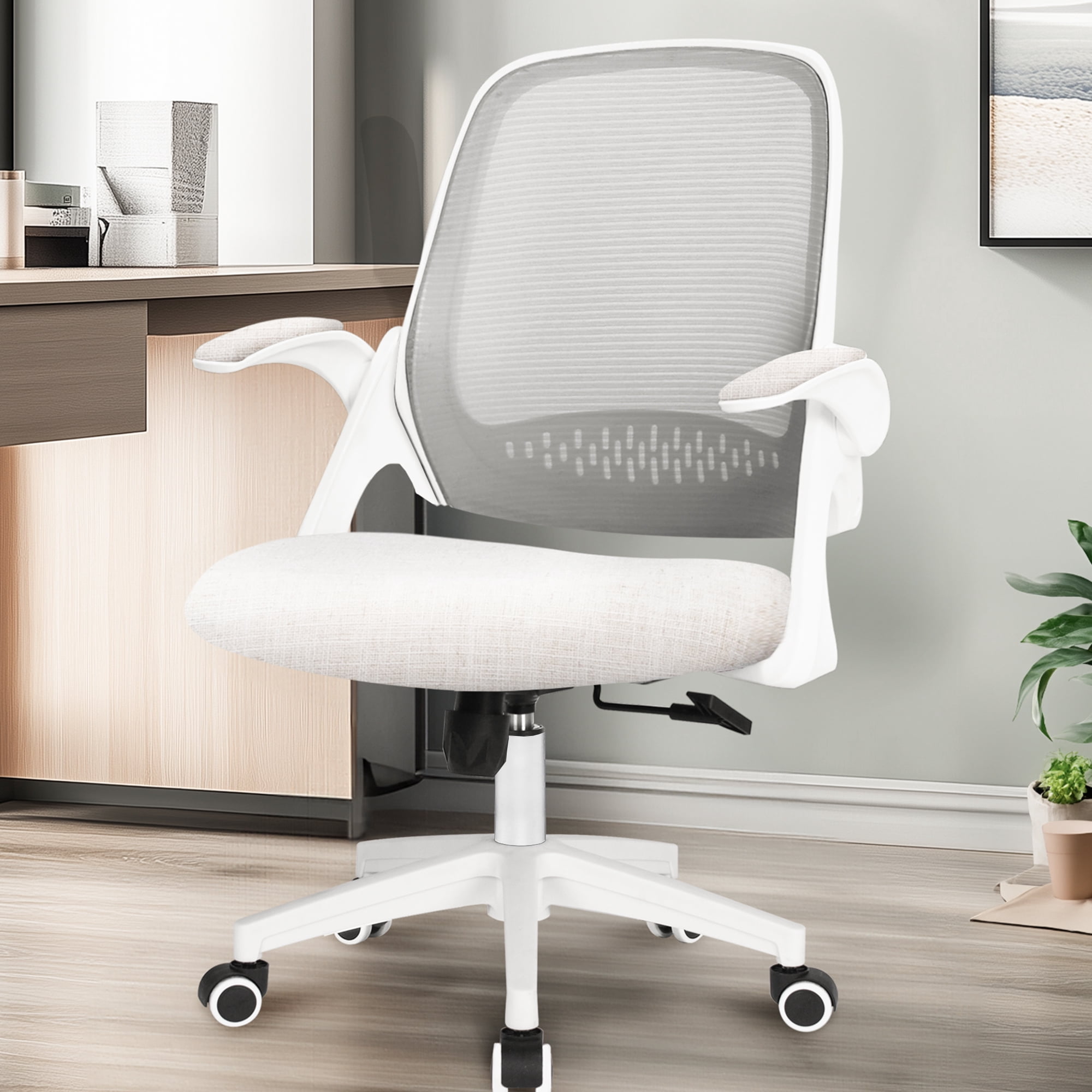 CELTOSS Ergonomic White Office Chair, Flip-Up Arms, Adjustable Lumbar Support, Ivory