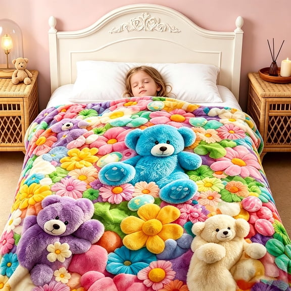 Teddy Pastel Floral Print Throw Blanket, Plush Flannel Cozy Throws
