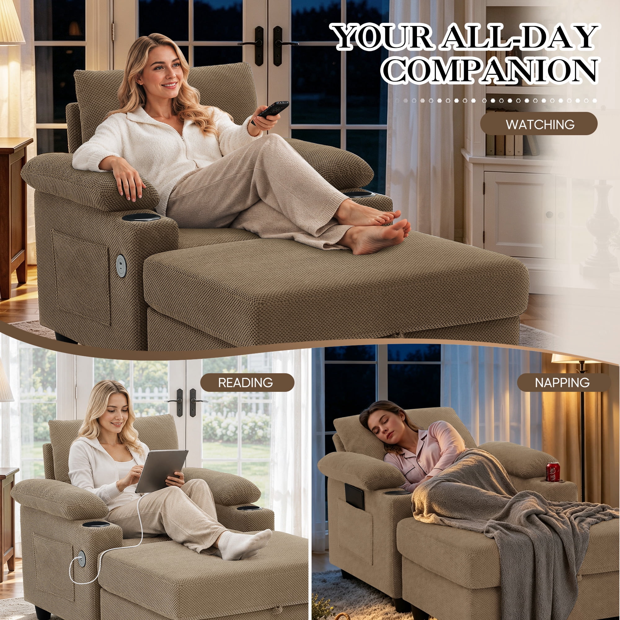 Lunale Accent Chair with Storage Ottoman & Adjustable Backrest, Chaise Lounge Chair Indoor with USB, Living Room Reading Armchair, Camel