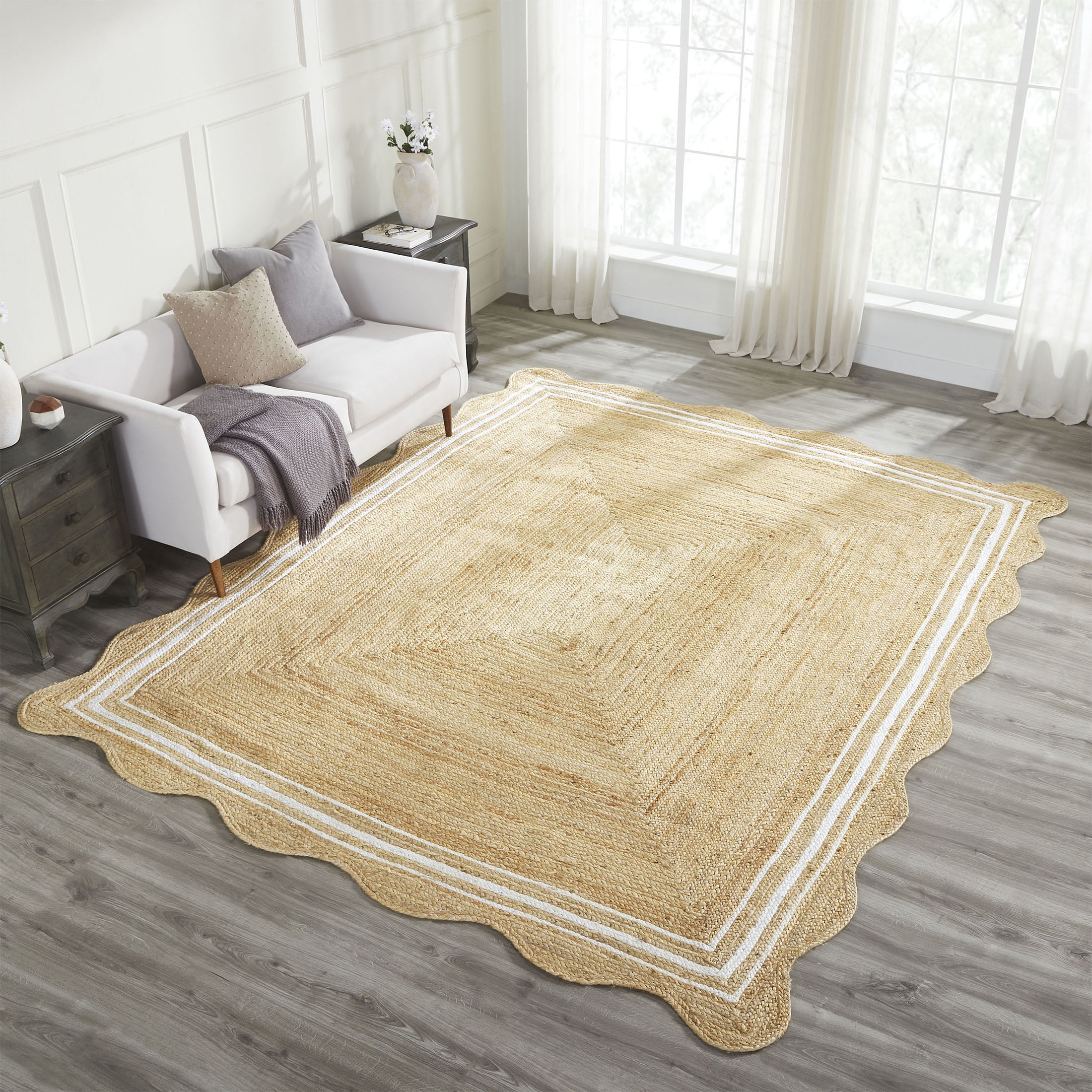 My Texas House Natural/White Scallop Jute with Border Area Rug, 8' x 10'