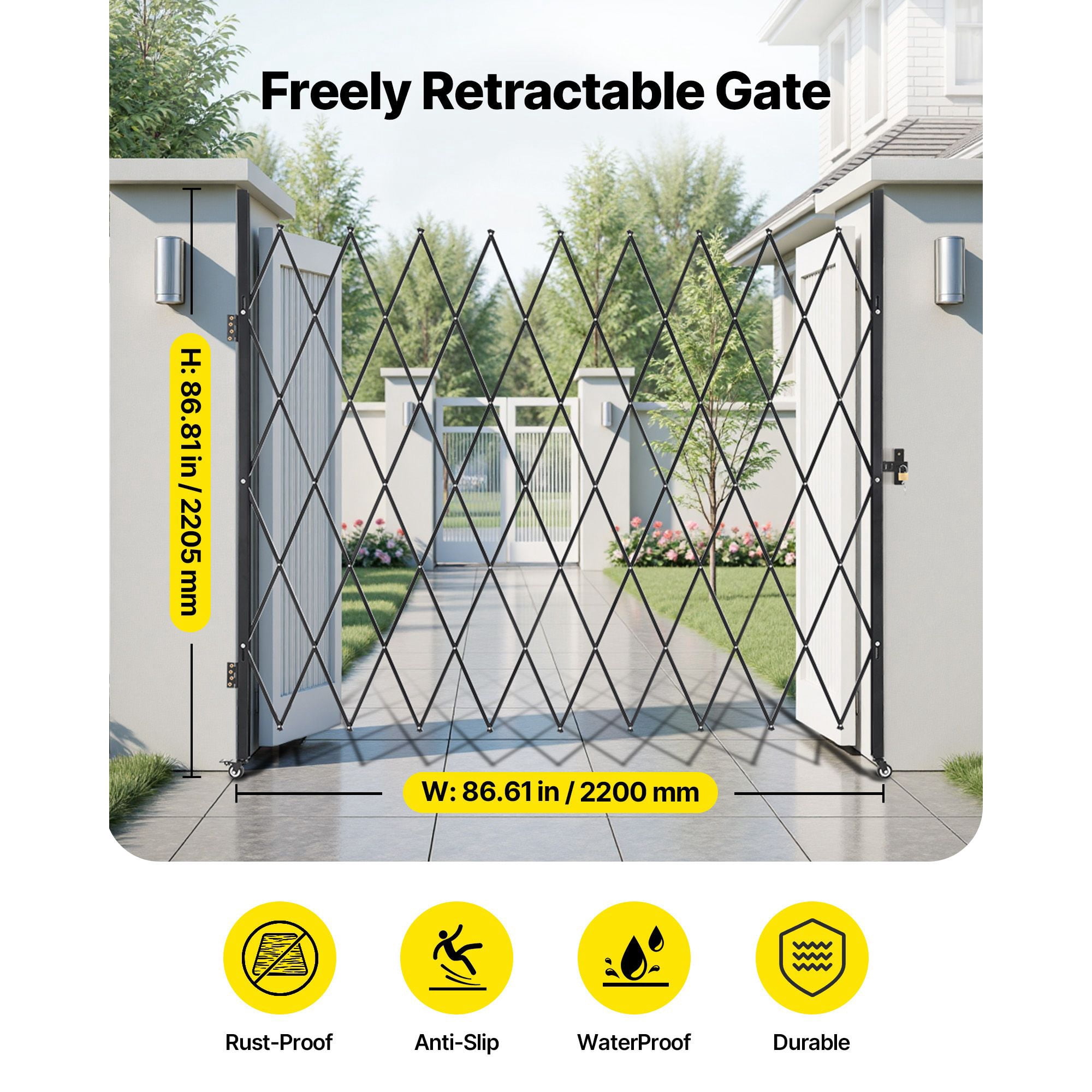86.61"x86.81" Folding Lockable Scissor Gate, 360° Swivel Casters, Steel Retractable Barricade for Garage Warehouse Pool