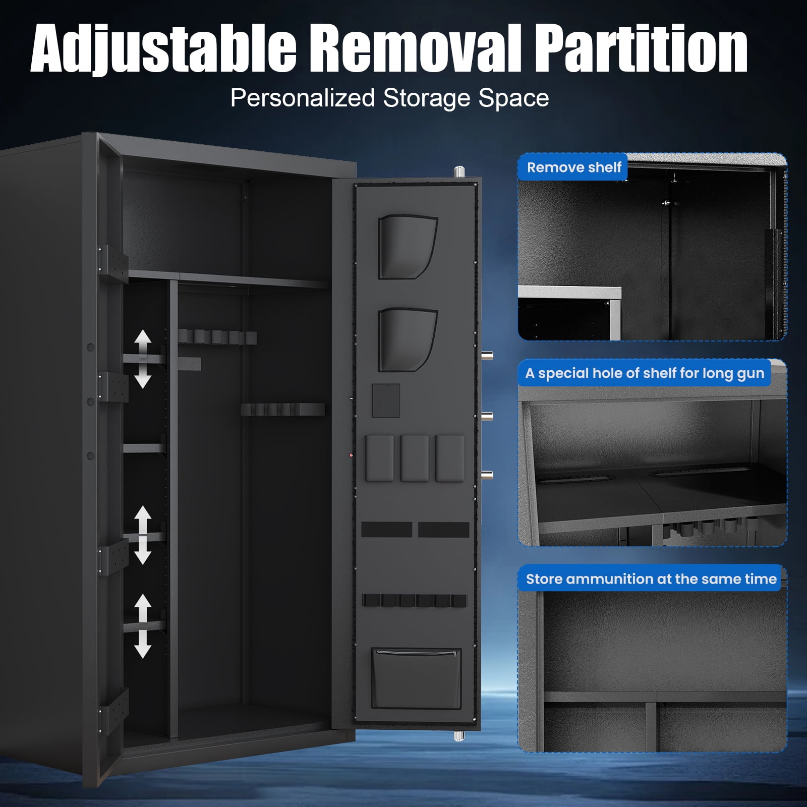 Home Large Gun Cabinet, Digital Backlit Keypad, 3 Opening Methods, Dual Alarm System, Removable Shelves and Led Lights, All-Steel Anti-Theft Design