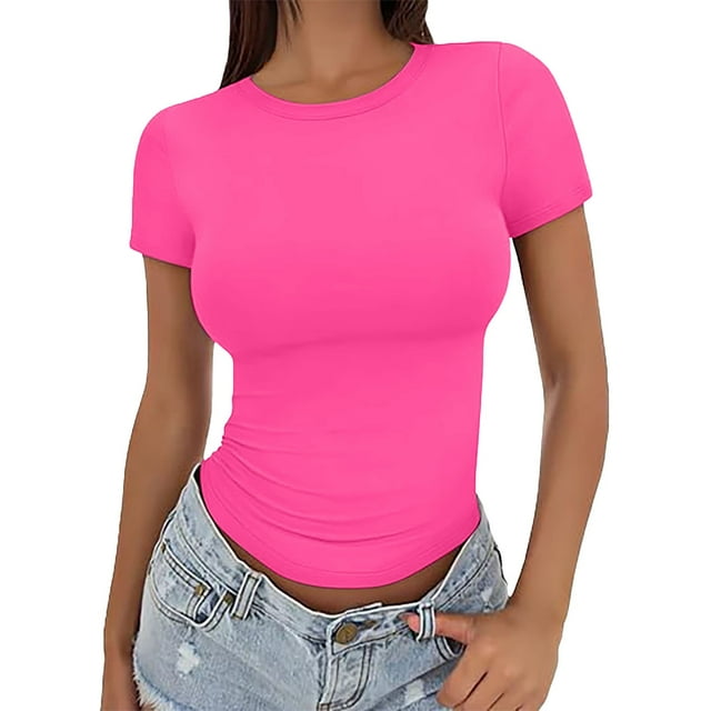 T-Shirt à Manches Courtes pour Femmes Liquidation Chemises Mélangeuses T-Shirt Court pour Femmes Chandail d'Été pour Filles Haut à Col Rond Fin pour Femmes Mode Manches Courtes
