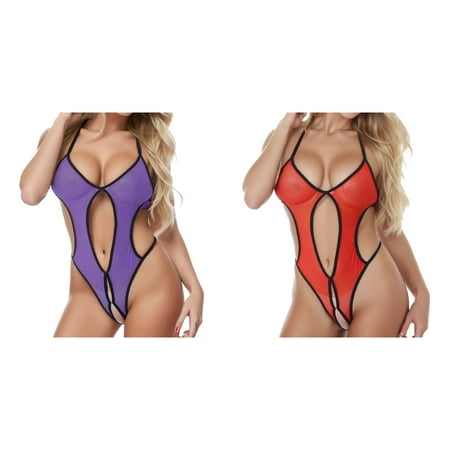 2-Pack Women s 1 Piece Backless Mesh Bodysuit Neck Lace Up Sheer Teddy Nightie Lace Up Lingerie Fishing Net Underwear Sleepwear Steel Ring Pajamas Gart Bridal Lingerie Women s Lingerie Role