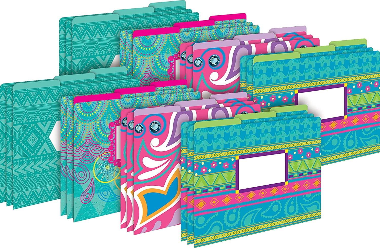 Barker Creek Designer File Folders Set of 24, Bohemian, Multi-Design, Playful Patterns on Outside, Solid Colors on Inside, Letter Size, 1/3 Cut Tabs, 24-Set, Home, School and Office Supplies (3961)