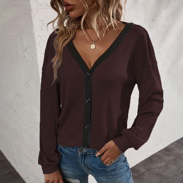 LOVZFMLL Cardigan pour Femmes Mode Décontractée Assorti de Couleurs Cardigan à Boutons Manches Longues Blouse