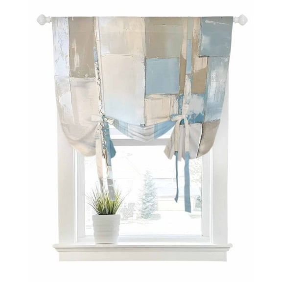 Vintage Tie Up Curtains for Window, Thermal Insulated Balloon Shade Adjustable Rod Pocket Curtains Valance Panels for Kitchen Bathroom Cafe 42 x 63 Modern Blue Brown Geometric Color Blocks