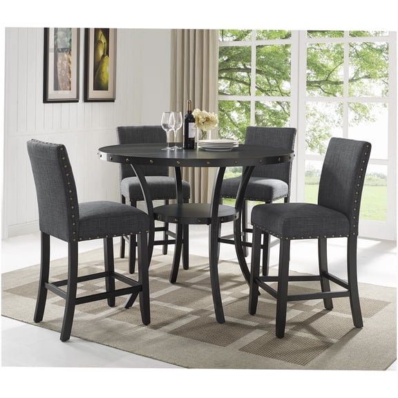 Gray Upholstered Counter Stools Set with Nailhead Accents for Kitchen and Dining