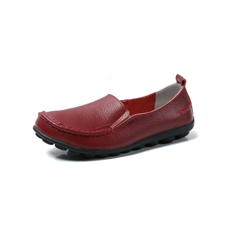 

SIMANLAN Womens Flats Slip On Loafers Round Toe Leather Shoes Women Non-slip Casual Shoe Ladies Lightweight Wine Red 9