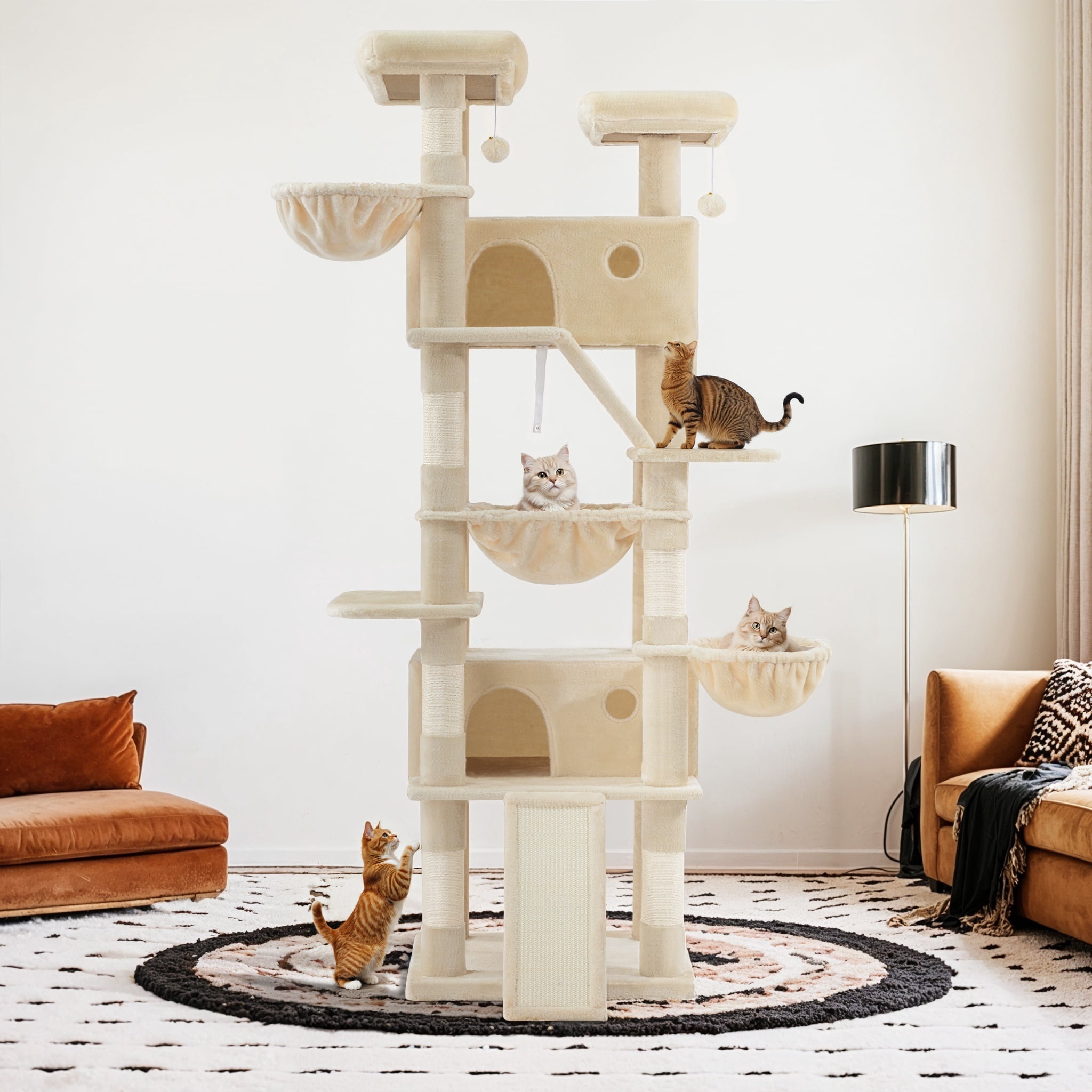Sifurni 81" Multi-Level Tall Cat Tree Tower for Large Cat with Cat Condo and Hammock, Scratching Post & Scratching Ramp, Beige