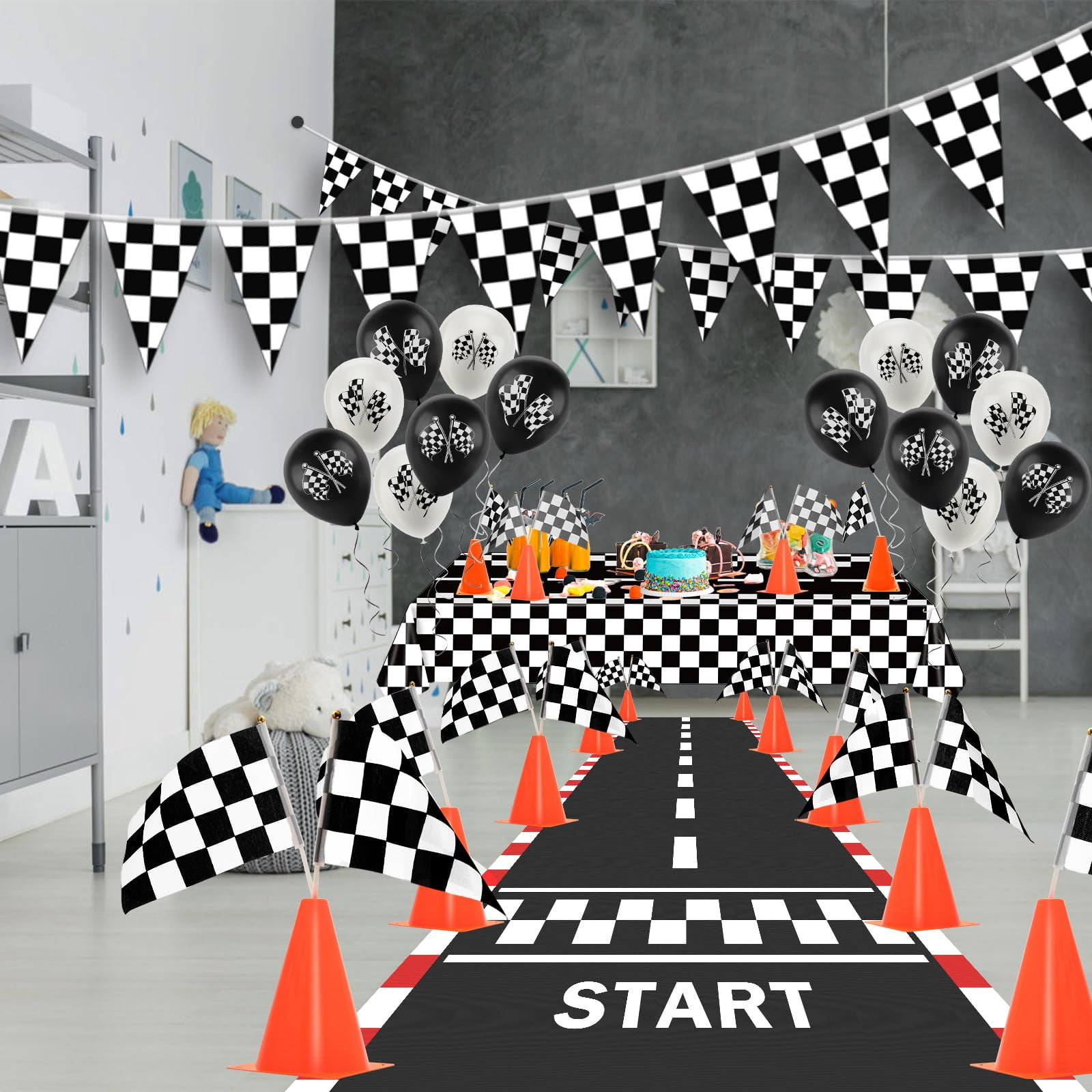 Race Car Party Decorations, Plutput 61 Pcs Set-12 Traffic Cones and 24 Racing Checkered Flags, 6.5Ft Racetrack Floor Runner and 9.8ft Checkered Race Track Banner, Tablecloth, Balloons and Ribbons