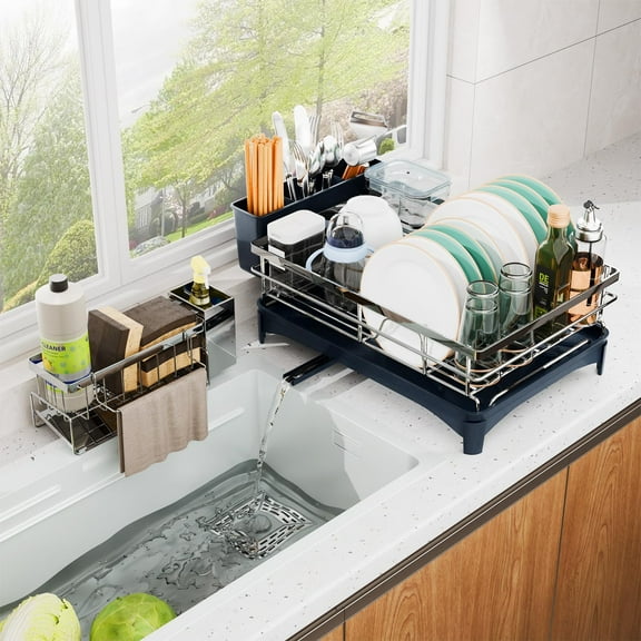 Dish Drying Rack, 304 Stainless Steel with Cutlery Holder & Sponge Holder, Large Kitchen Dish Drainer