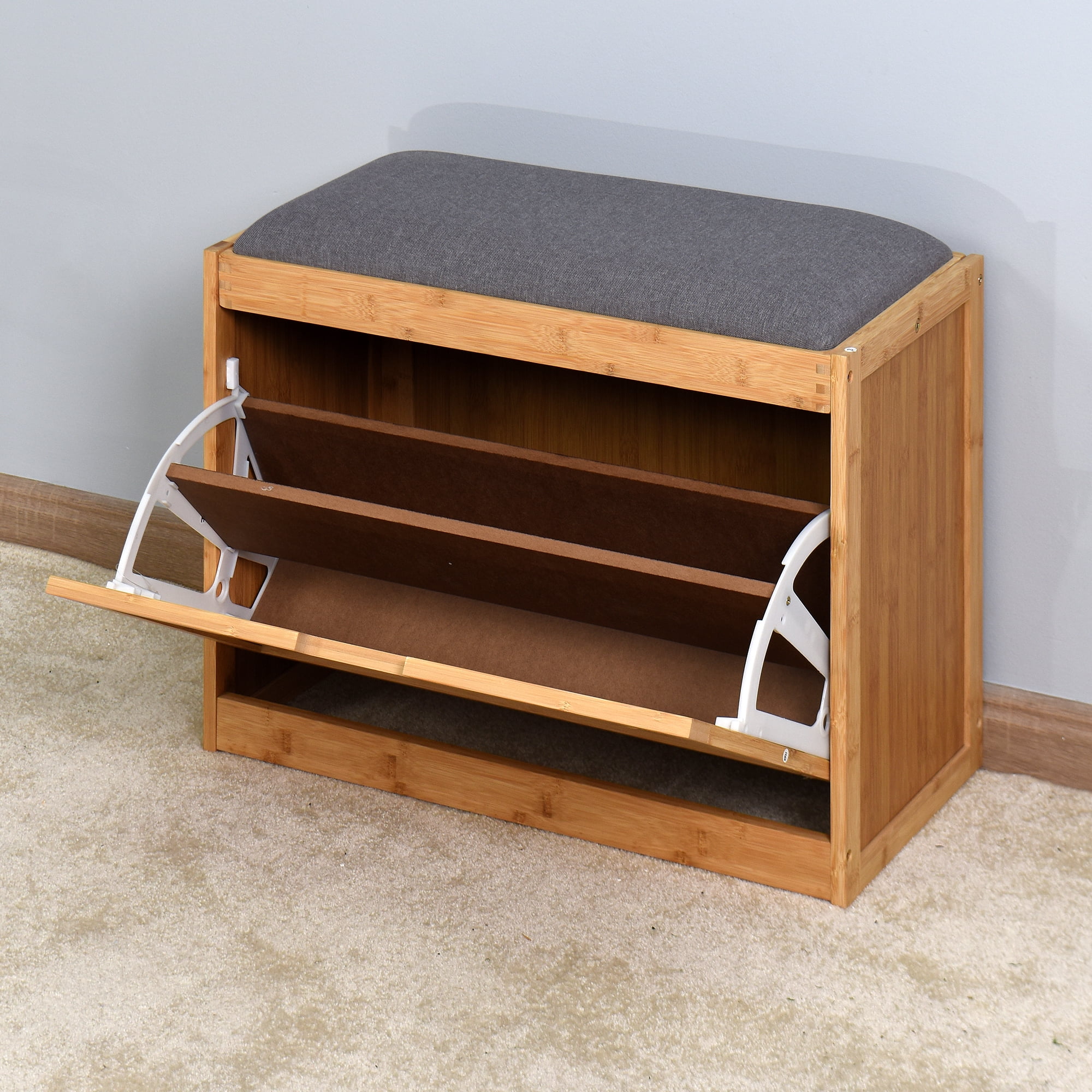 Shoe Storage and Bench with Padded Seat, Bamboo Shoe Storage