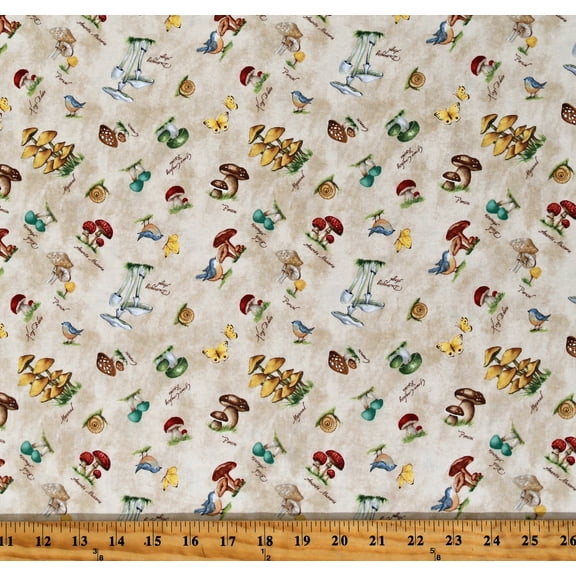 Cotton Mushrooms Toadstools Snails Birds Butterflies Forest Woodland Creatures Savor the Gnoment Tan Cotton Fabric Print by the Yard (39721-153)