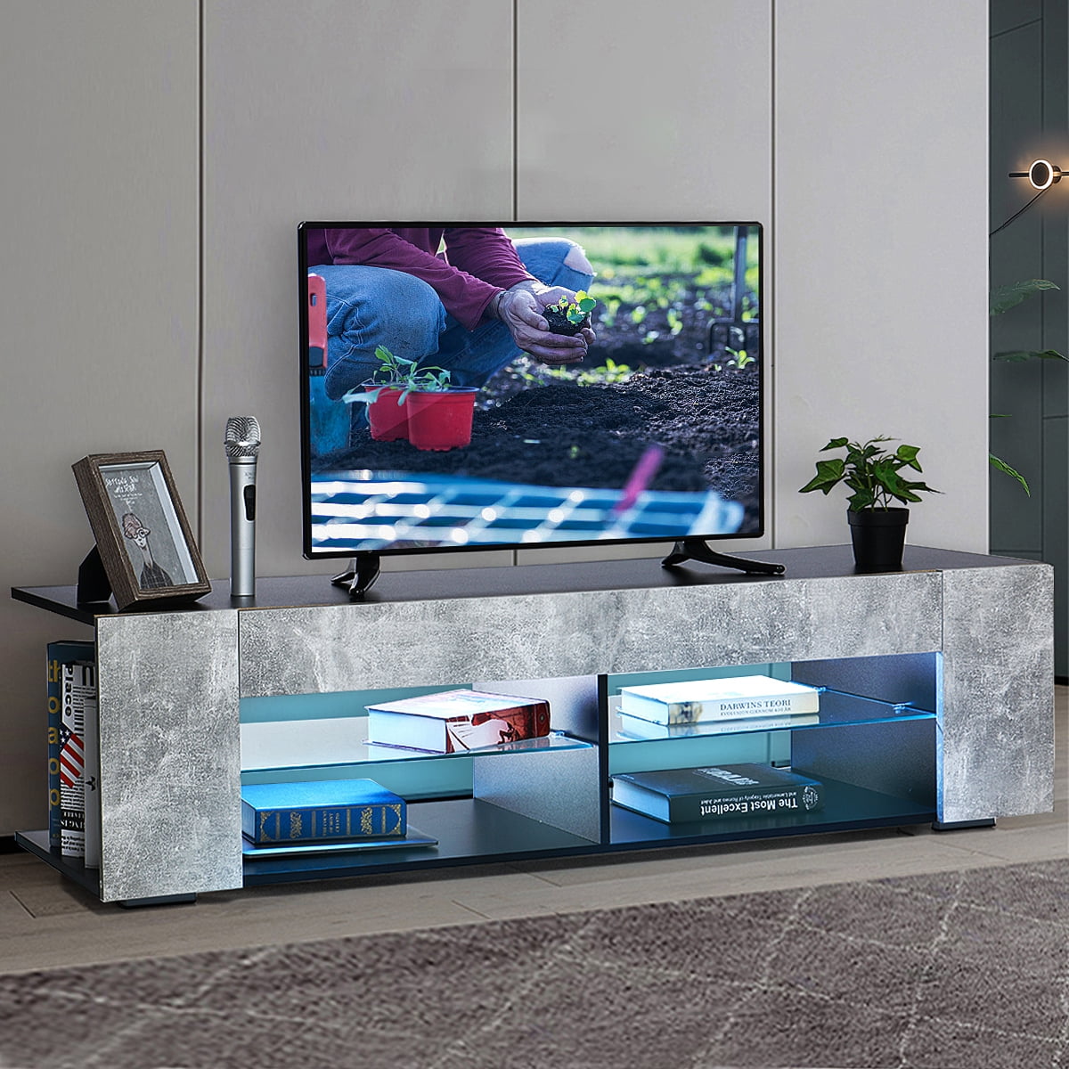 White Tv Stand Tv Cabinet For 65 Inch Tv Entertainment Center With Remote Led Lights High Gloss Finish 57 00 X 15 70 X 13 70 Inches Walmart Com