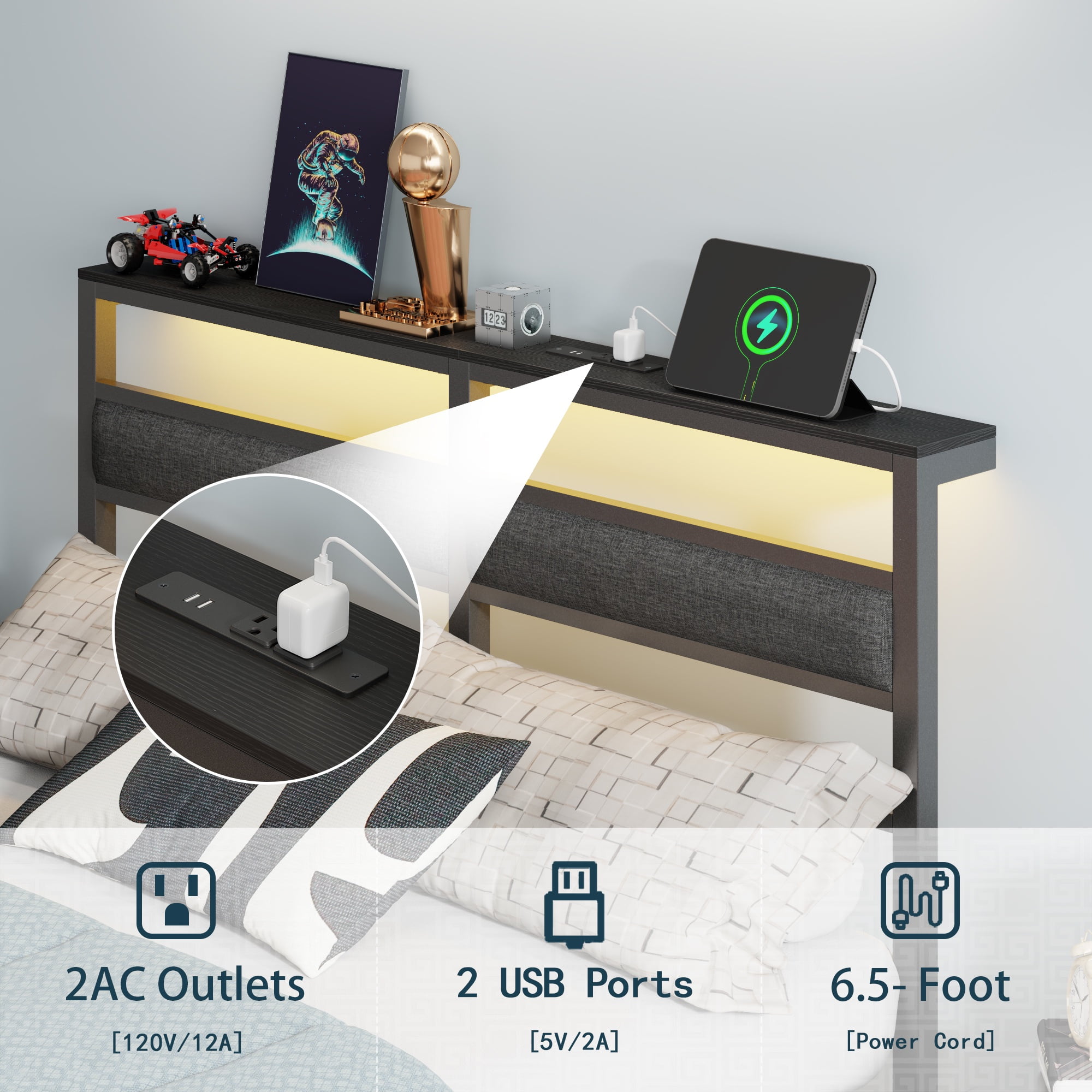 Satifur Full Size Bed Frame with Upholstered Headboard & Shelf, LED Lights & USB Charging Station, Metal Black