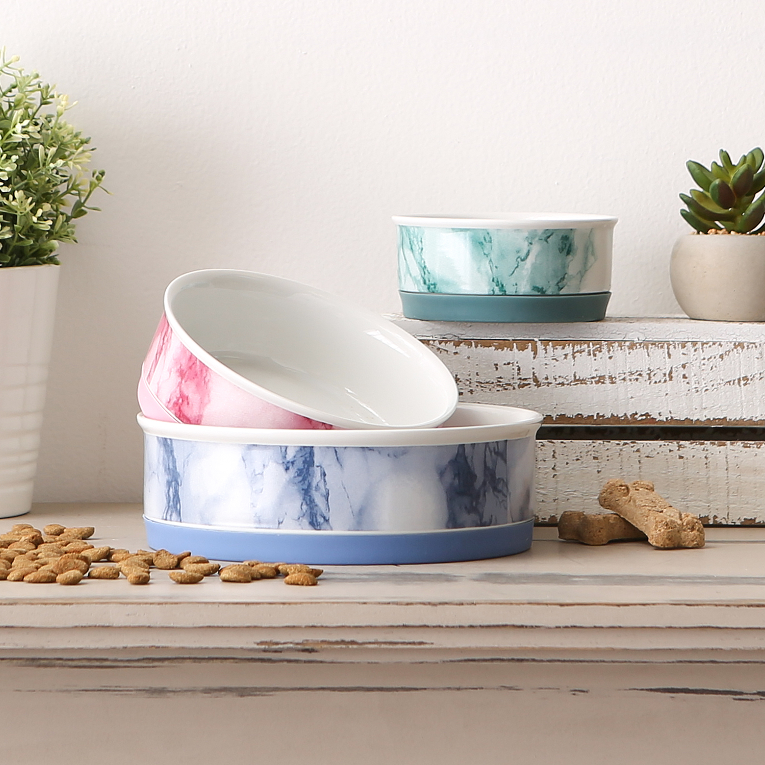Bone Dry Ceramic Marble, Pet Bowls, Dishwasher Safe, Large, 7.5x2.4", Teal, 2 Count